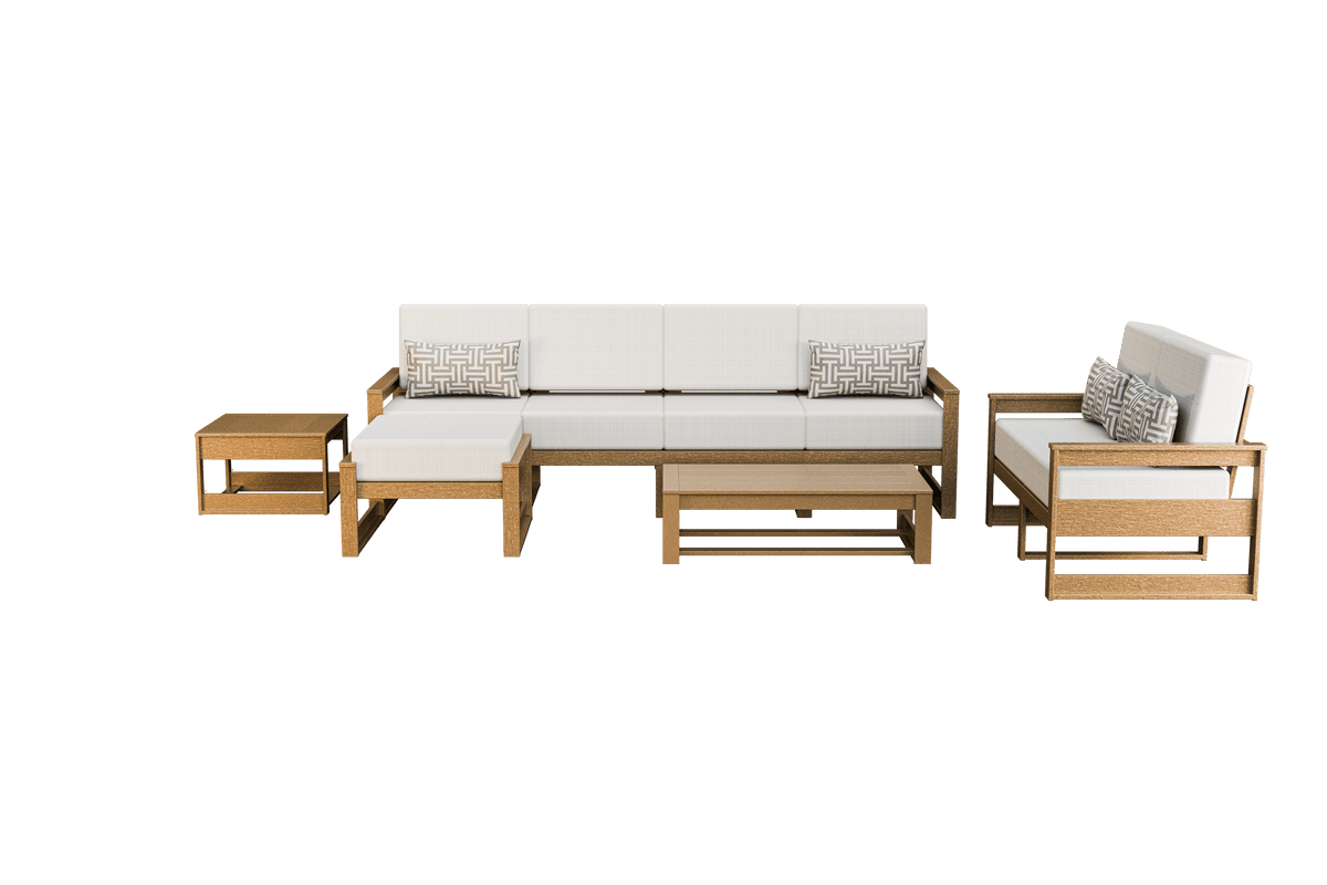 Light teak poly patio set with white cushions, five-seat sofa, loveseat, ottoman and side tables