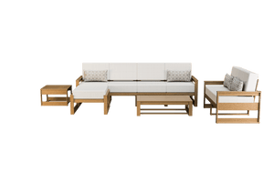 Light teak poly patio set with white cushions, five-seat sofa, loveseat, ottoman and side tables