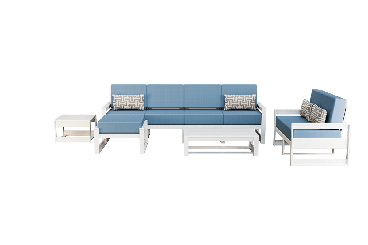 White poly patio set with blue cushions: five-seat sofa, loveseat, ottoman, coffee and side tables