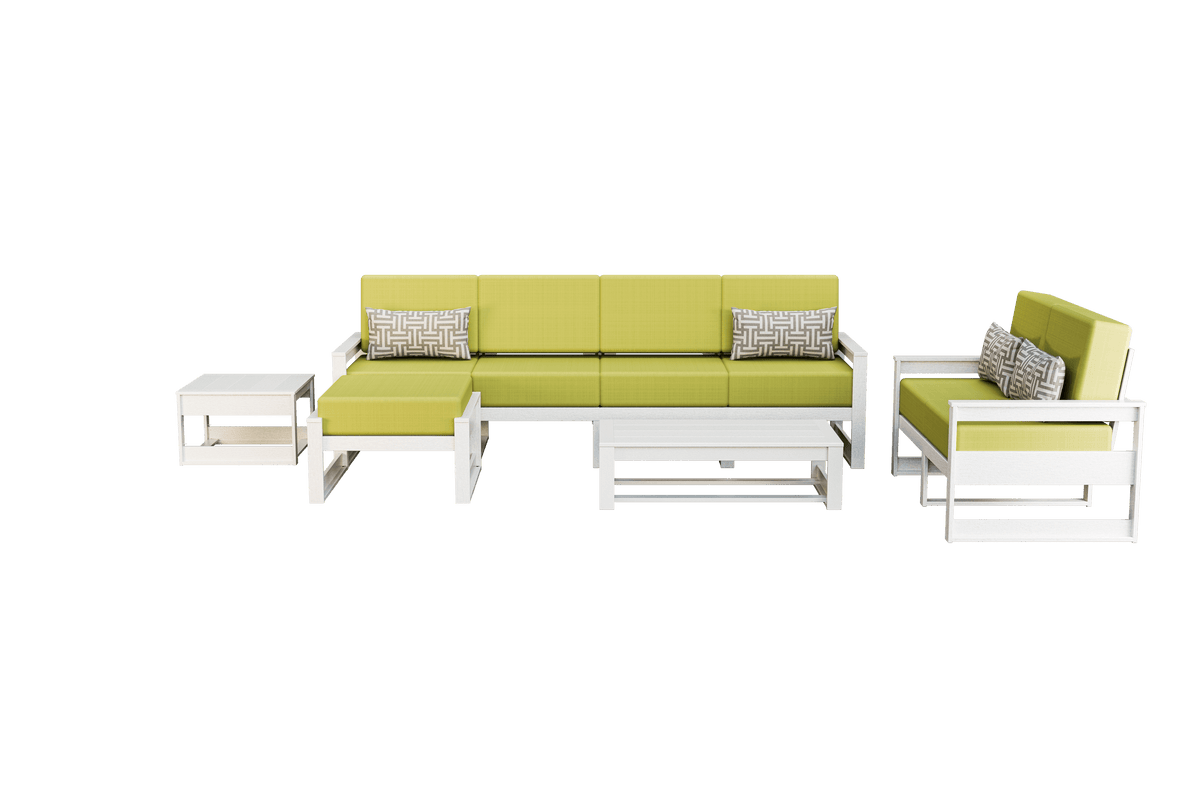 White frame poly patio group with green cushions, long sofa, loveseat, ottoman and two poly tables