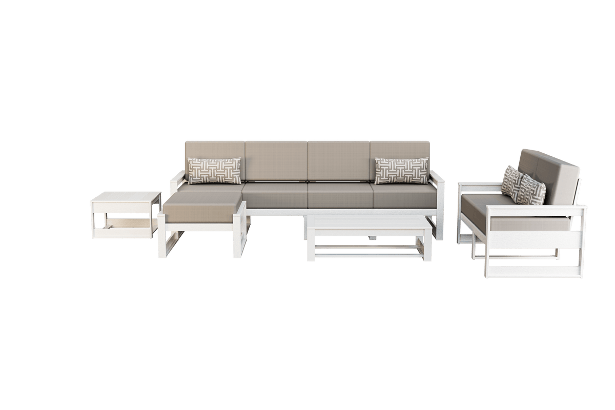 White poly patio set with mushroom gray cushions: five-seat sofa, loveseat, ottoman and side tables