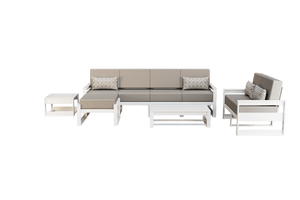 White poly patio set with mushroom gray cushions: five-seat sofa, loveseat, ottoman and side tables