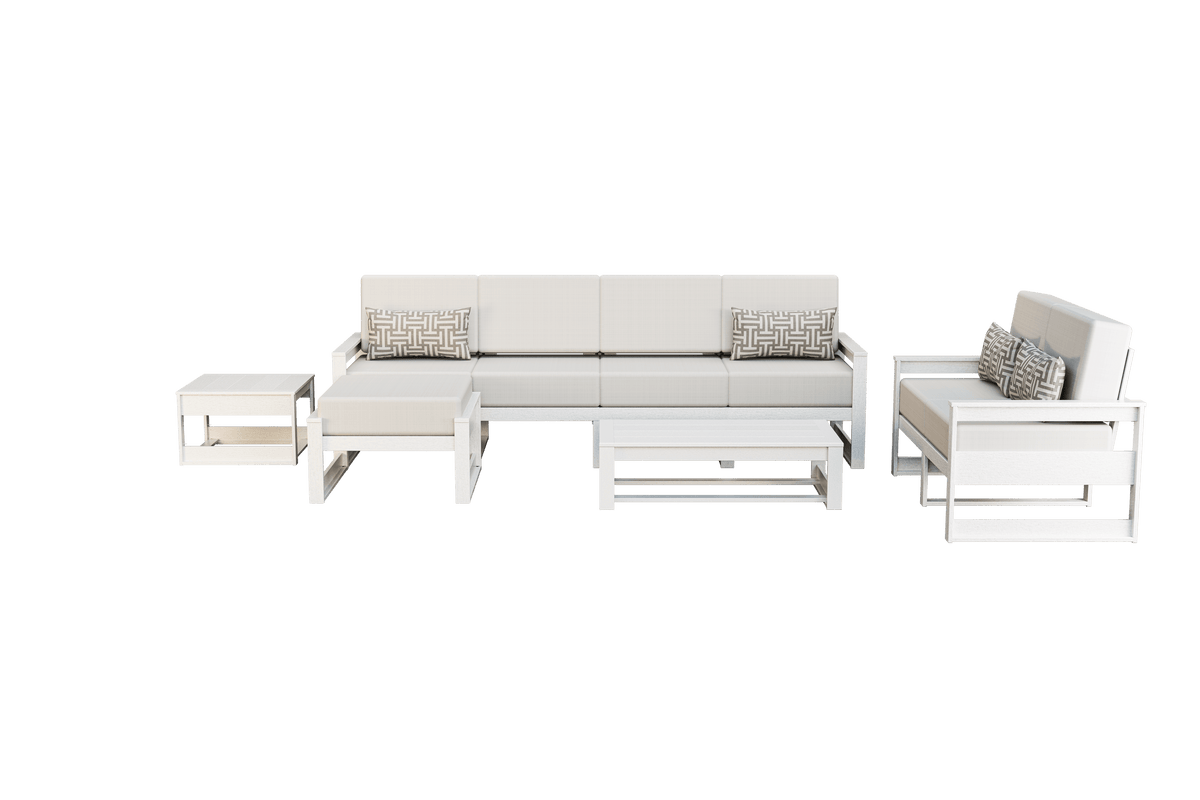 All-white poly patio set with cream cushions, five-seat sofa, loveseat, ottoman, coffee and side tables