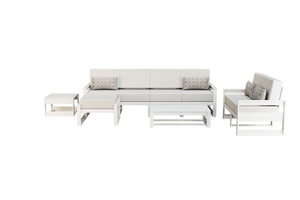 All-white poly patio set with cream cushions, five-seat sofa, loveseat, ottoman, coffee and side tables