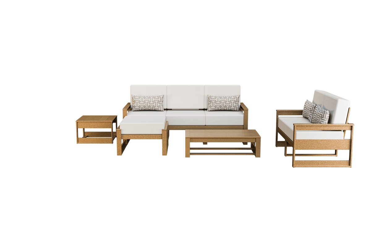 Amish Poly Midcentury Modern 5-Piece Patio Set: 3-Seat Sofa, Loveseat, Side Table, Coffee Table, and Ottoman