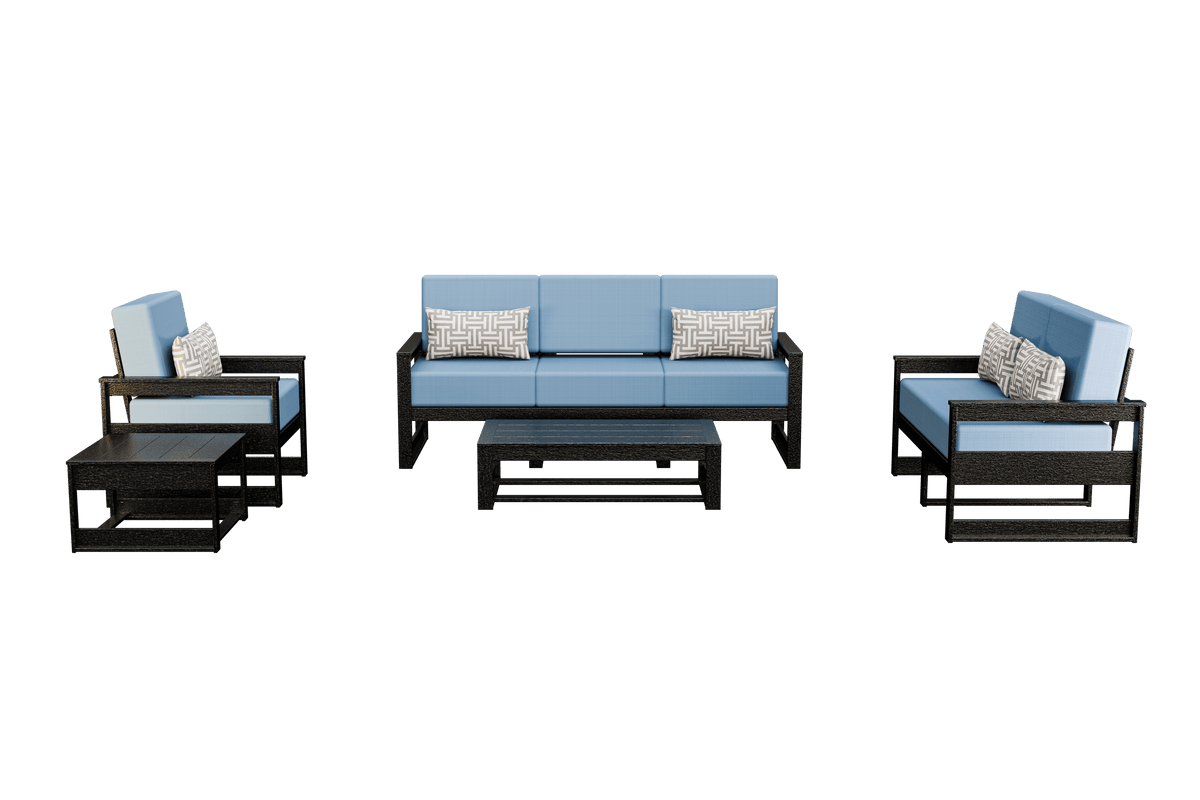 Amish Poly Midcentury Modern 5-Piece Patio Set: 3-Seat Sofa, Chair, Loveseat, Side Table, and Coffee Table