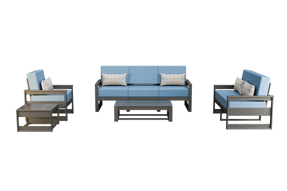 Amish Poly Midcentury Modern 5-Piece Patio Set: 3-Seat Sofa, Chair, Loveseat, Side Table, and Coffee Table