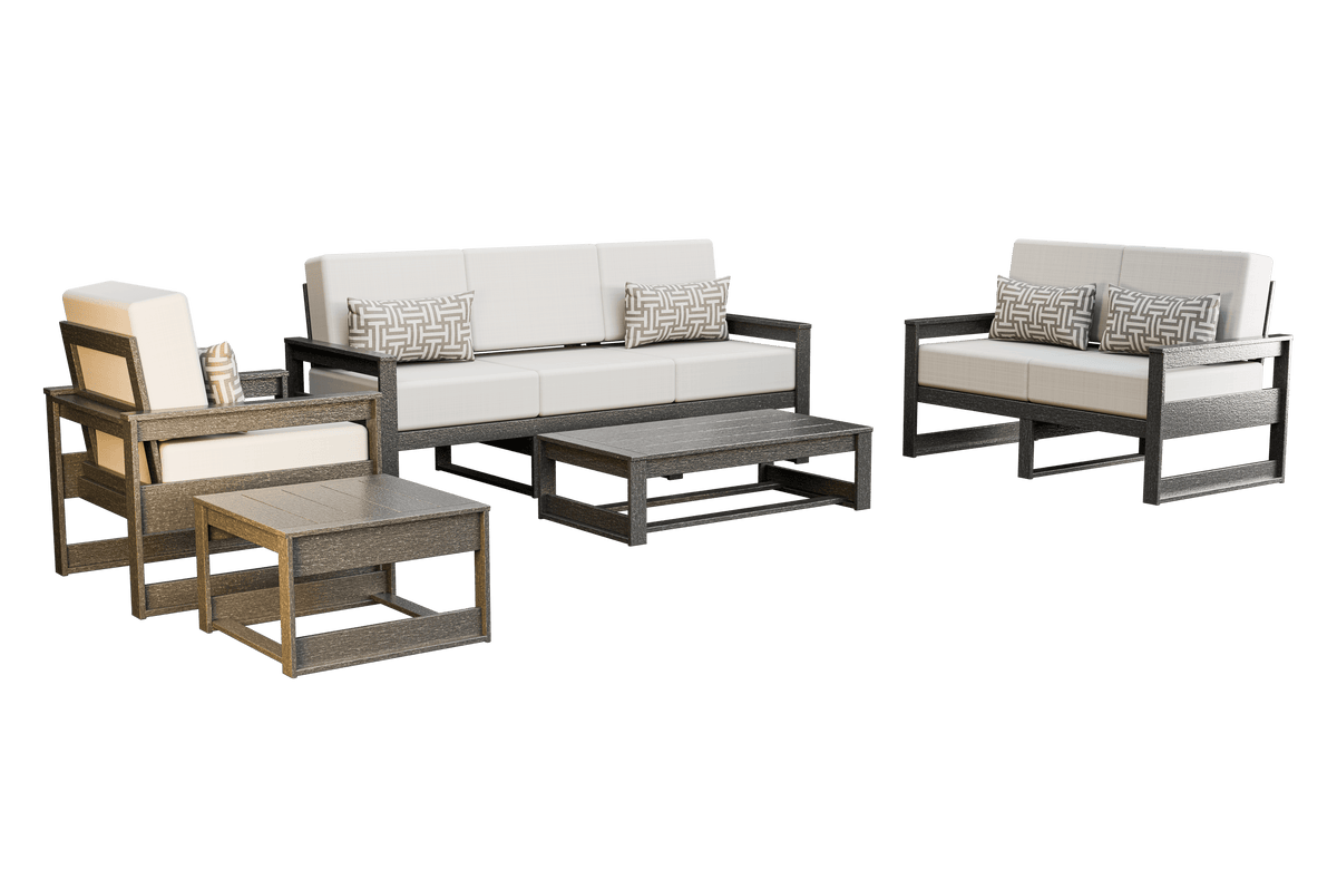 Amish Poly Midcentury Modern 5-Piece Patio Set: 3-Seat Sofa, Chair, Loveseat, Side Table, and Coffee Table