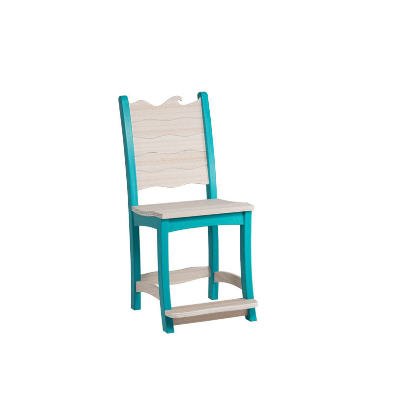 Turquoise and white poly counter height chair with a wave carved back panel and built-in footrest