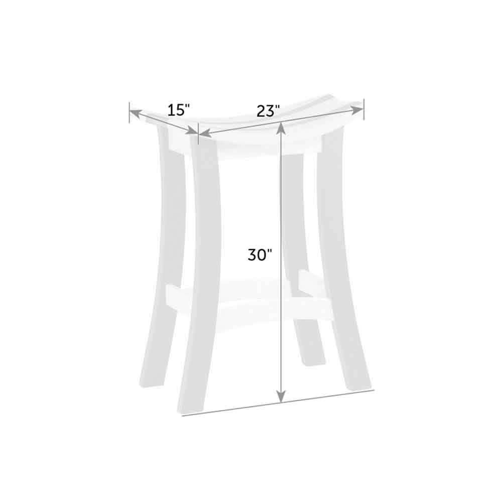 Dimension diagram of the bar height saddle stool: 23 by 15 inch curved seat at 30 inches tall