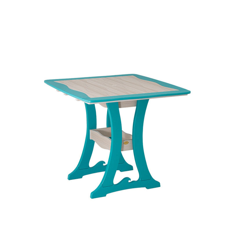 Square aruba blue and driftwood poly bar table with wave edged top, umbrella hole and curved trestle base