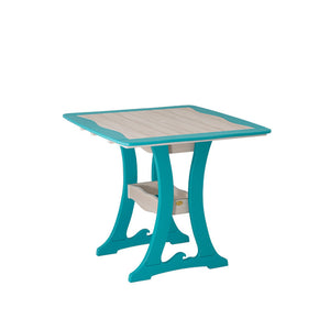 Square aruba blue and driftwood poly bar table with wave edged top, umbrella hole and curved trestle base