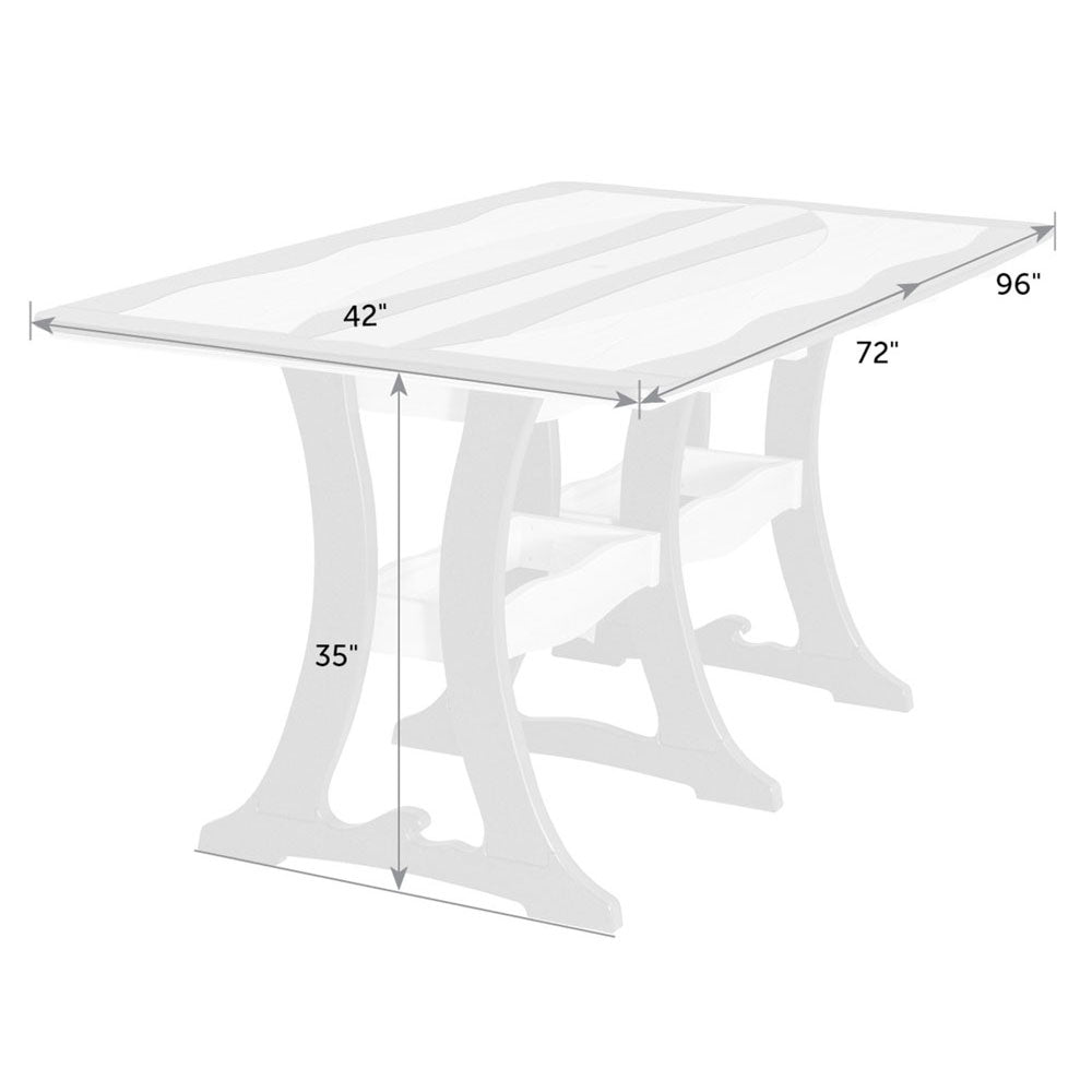 Dimension diagram of the rectangular surfboard dining table: 42 inch width, 72 or 96 inch length and 35 inch counter height
