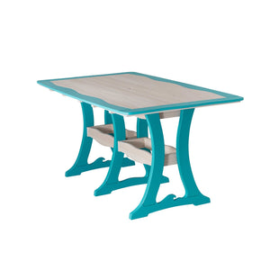 Angled white background view of the aruba and driftwood rectangular poly dining table with slatted lower shelves