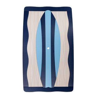 Top-down view of a rectangular surfboard poly table top with navy wavy edges, whitewash center and blue board graphic