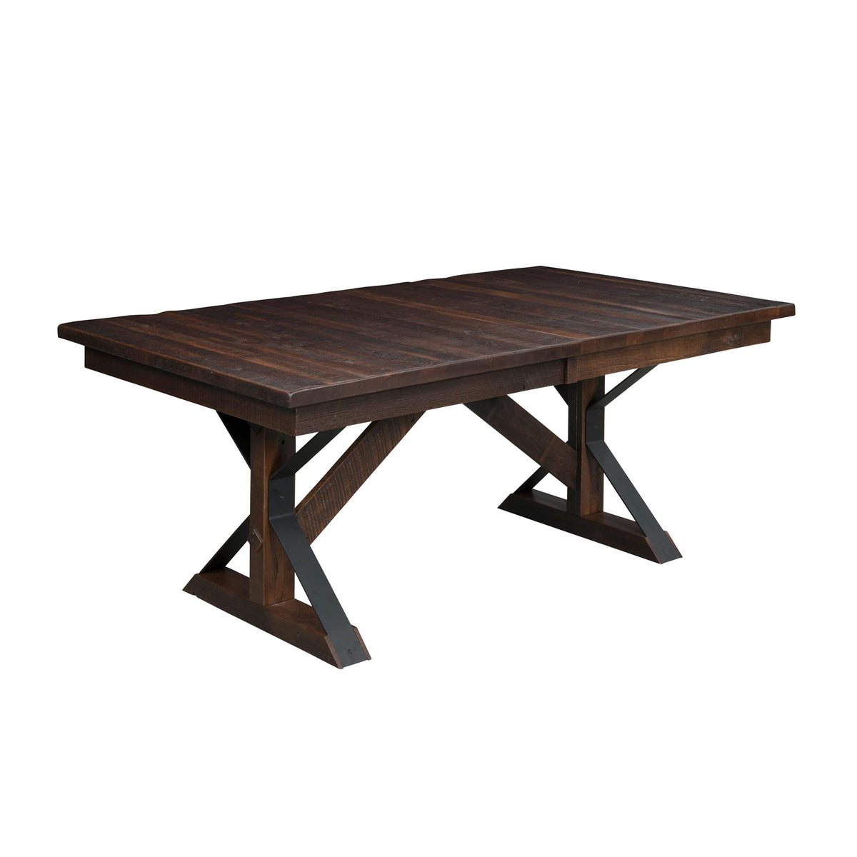 A dark brown wooden dining table with a rectangular slat top and a rustic X-brace metal pedestal base, shown on a plain white background.