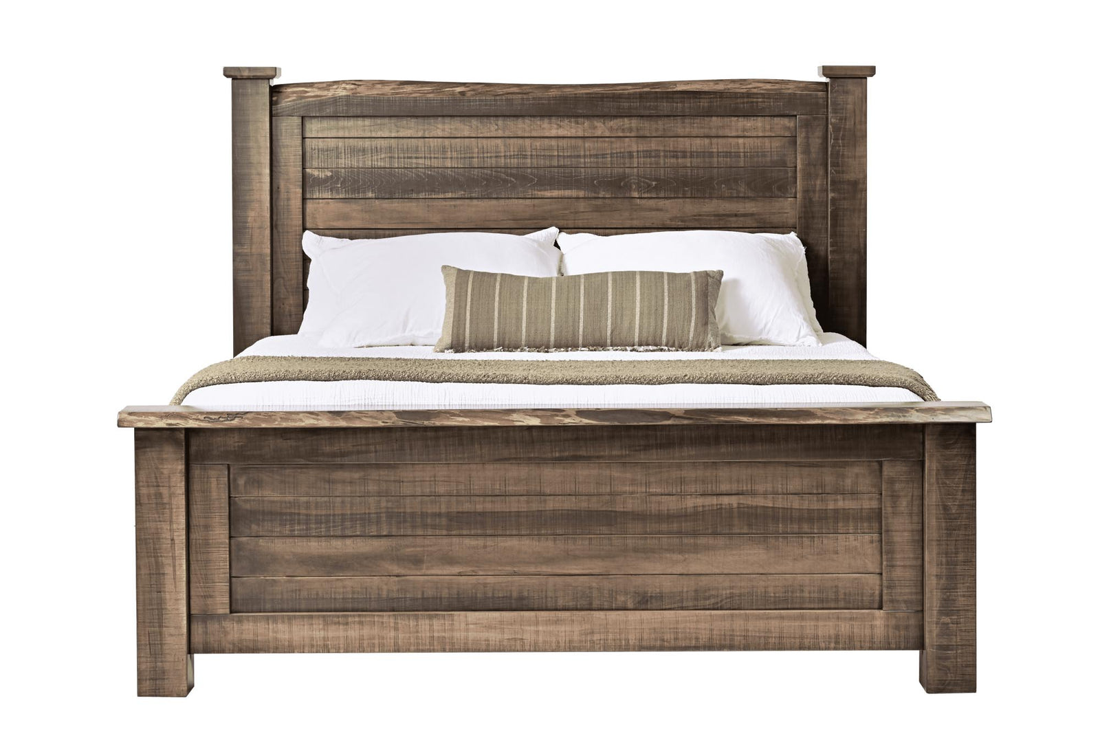 A rustic brown wooden bed frame with a slatted headboard and footboard, shown fully made with white bedding and two accent pillows against a plain white background.