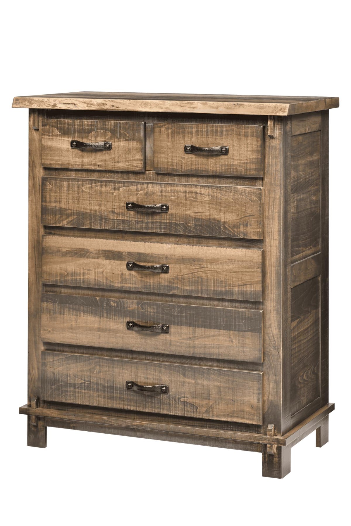 A rustic five-drawer wooden chest of drawers with a weathered brown finish and dark metal handles, shown against a plain white background.