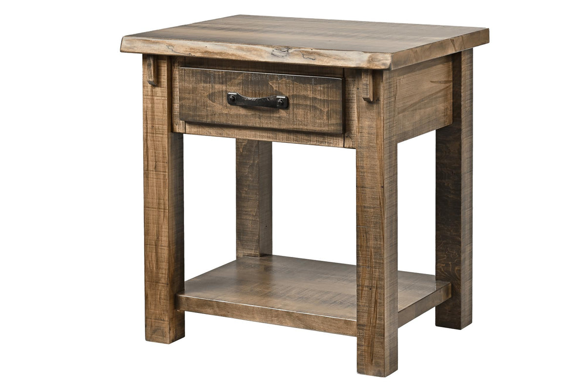 Rustic nightstand in weathered wood with one drawer, black iron handle, open bottom shelf and thick block legs
