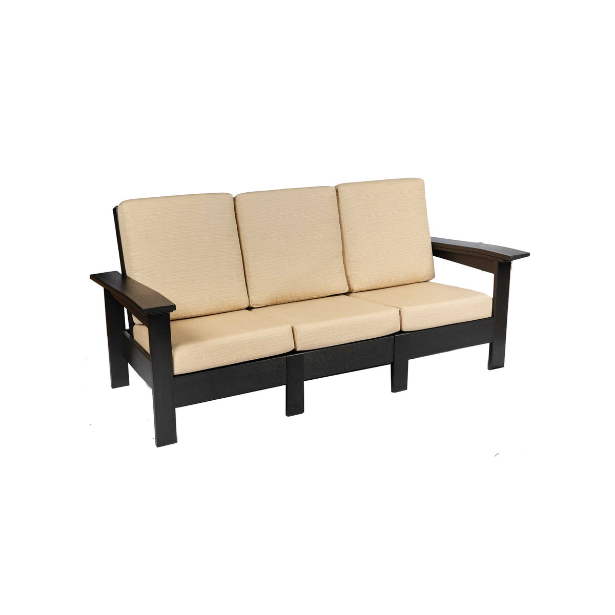 Wooden outdoor sofa with beige cushions on a white background