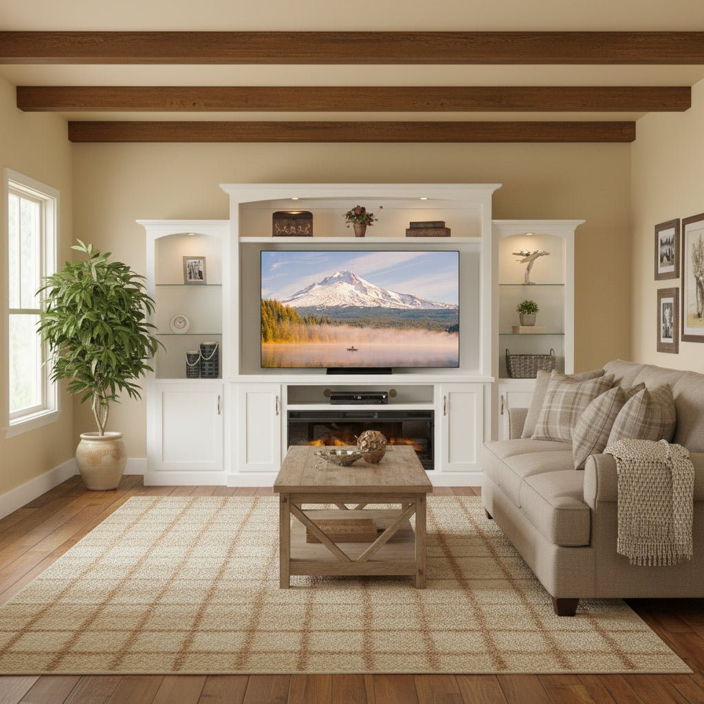 White entertainment center with TV displaying a mountain scene, surrounded by shelves and decorative items.