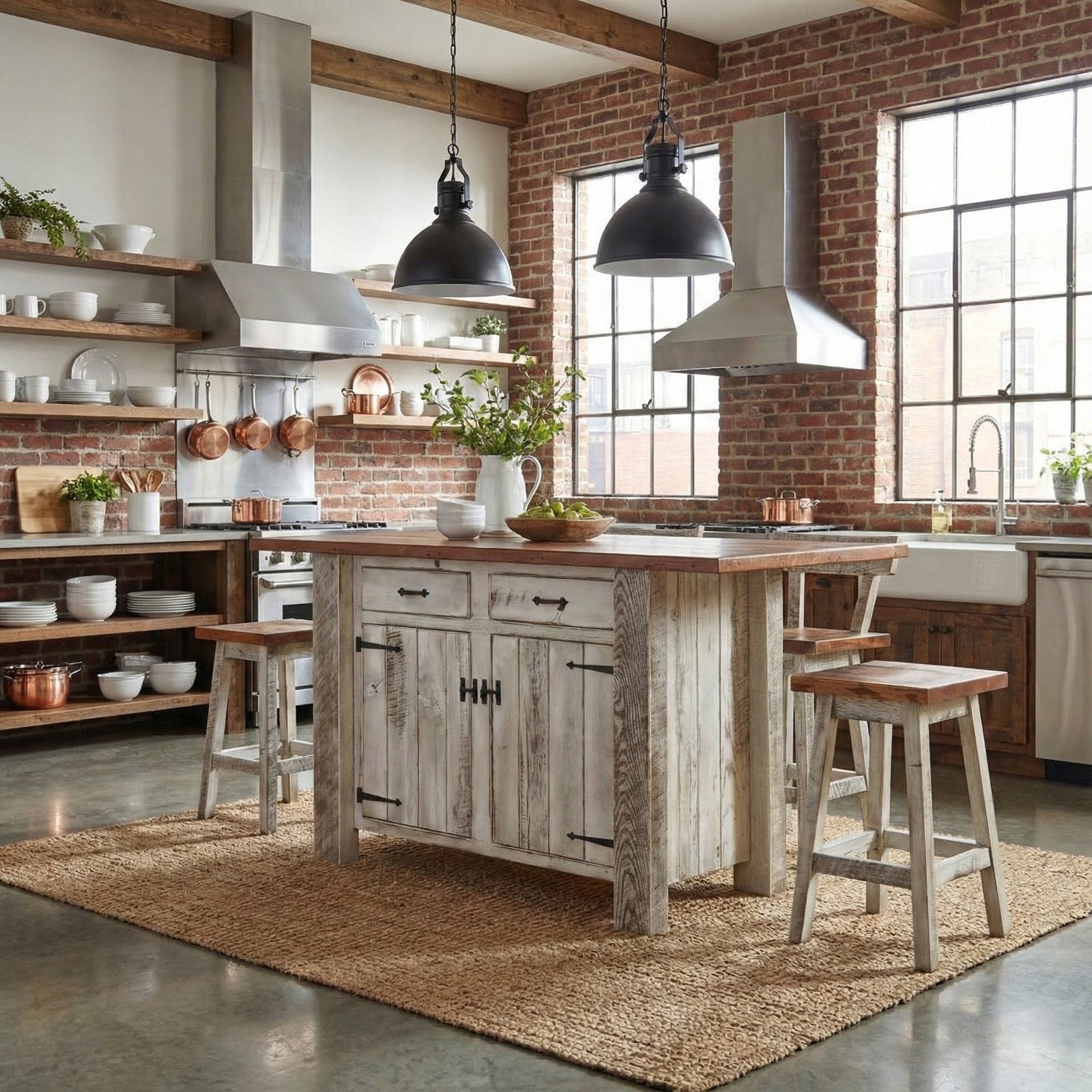 Whitewashed reclaimed barnwood kitchen island with two drawers, plank doors and saddle stools in a brick loft kitchen