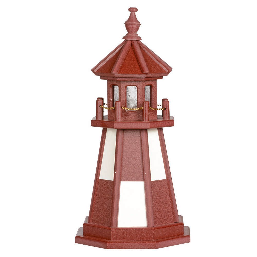 Cherry red poly lawn lighthouse with white window panels, matching red lantern room, chain railing and finial top