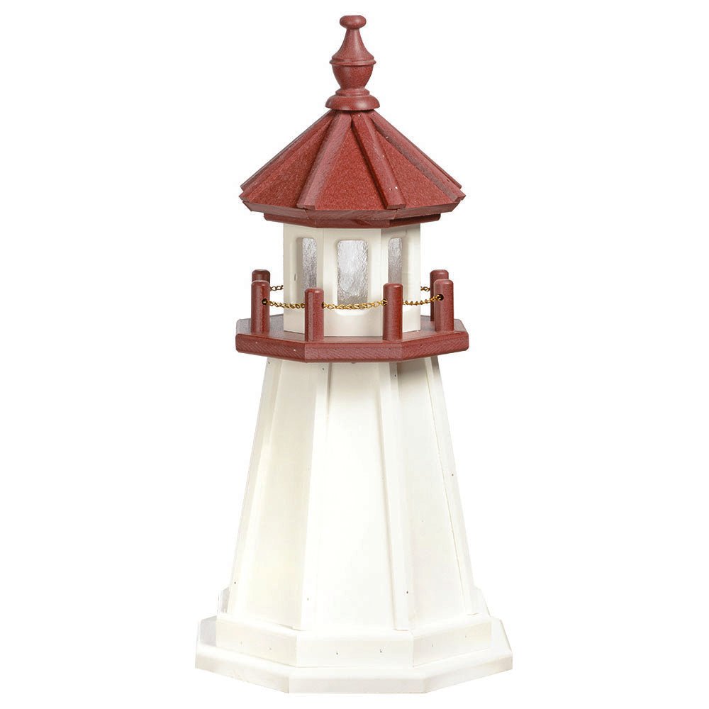 White poly lawn lighthouse with cherry red lantern room roof, red railing posts with gold chain and white octagonal base