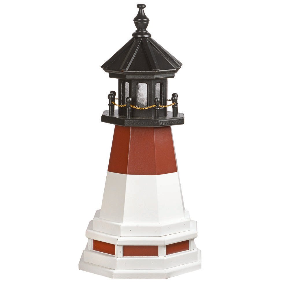 Small poly lawn lighthouse with white and brick red bands, black lantern room and a white octagonal base, on a white background