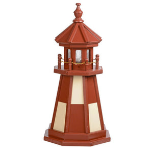 Brick red poly lawn lighthouse with ivory panels, matching lantern room roof, chain railing and octagonal base