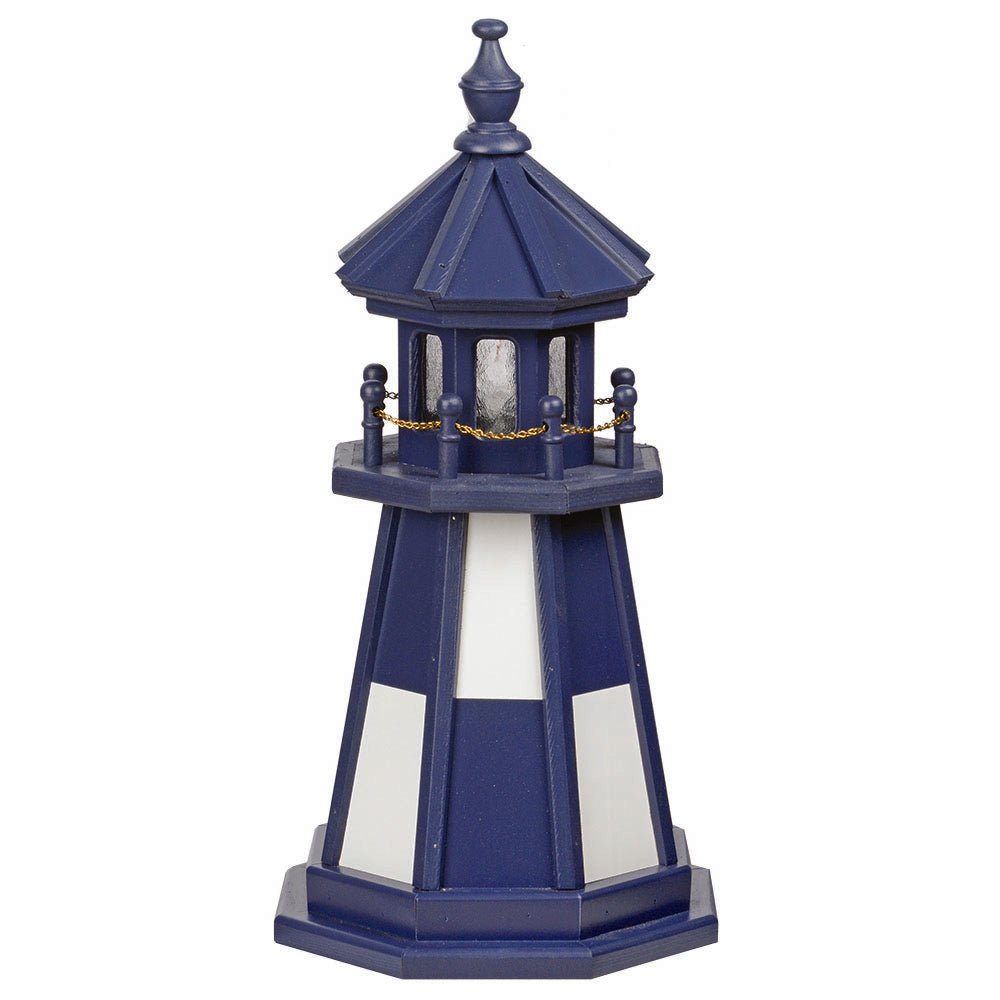 Navy blue poly garden lighthouse with white window panels, blue lantern room, gold chain railing and finial
