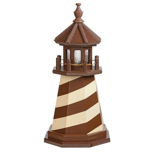 Brown and tan spiral striped poly lawn lighthouse with brown lantern room, gold chain railing and hexagonal base