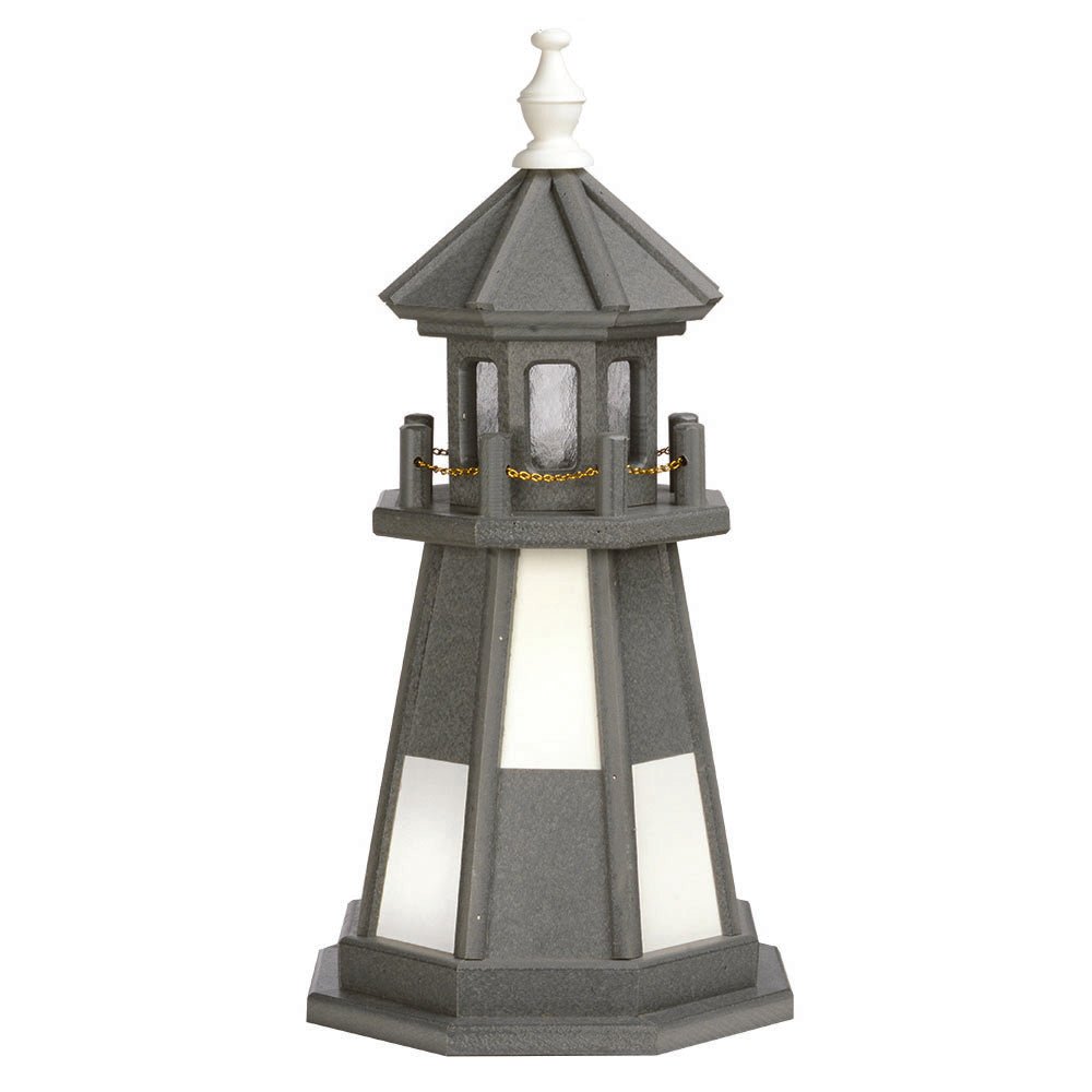 Dark gray poly garden lighthouse with white window panels, gray lantern room, white finial and gold chain railing