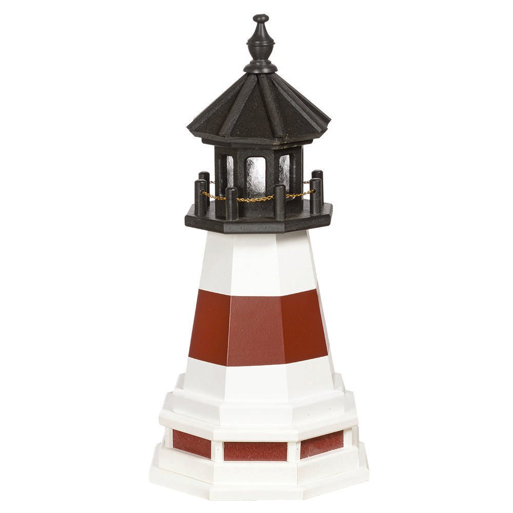 White poly garden lighthouse with red accent bands, black lantern room and a stepped white and red base, shown on white