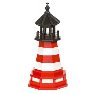 Two foot poly garden lighthouse with red and white bands, black lantern room with chain railing and a matching red and white base