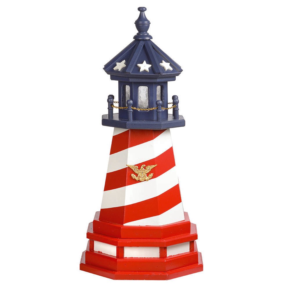Patriotic spiral striped garden lighthouse in red and white with a blue star topped lantern room and gold eagle medallion