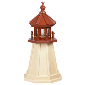 Ivory poly garden lighthouse with cherry red lantern room and finial, gold chain railing and matching ivory base