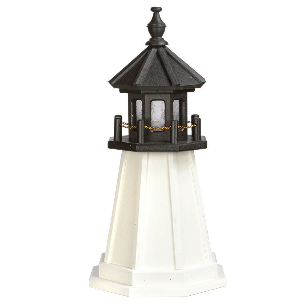 Two foot poly garden lighthouse in white with a black hexagonal lantern room, railing with chain and finial top, on white