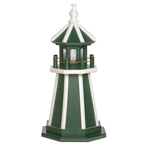Green poly lawn lighthouse with white corner stripes and railing, green lantern room and white finial on a white background