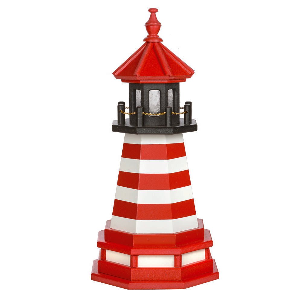 Red and white striped garden lighthouse with a red roof, black lantern room with chain railing and a stepped red base