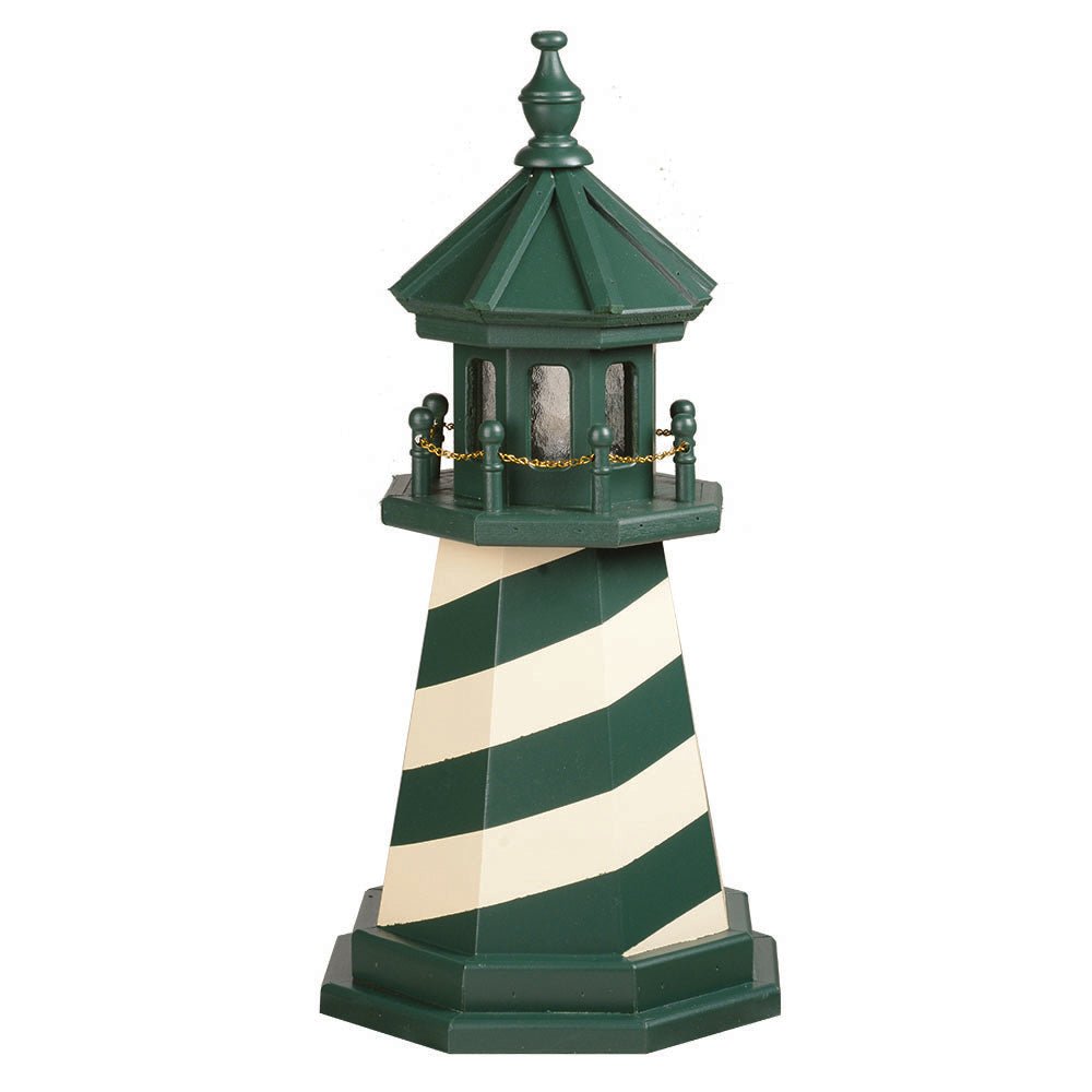 Green and ivory spiral striped poly garden lighthouse with dark green lantern room, chain railing and turned finial
