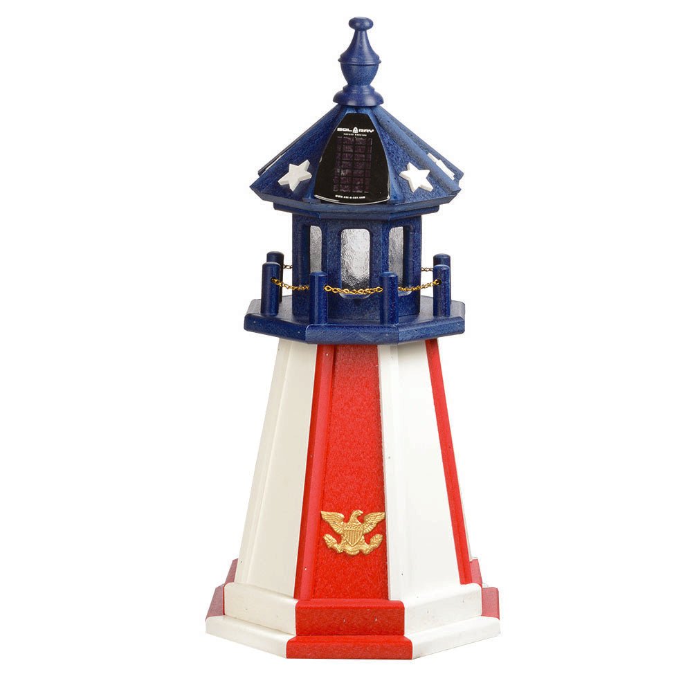 Patriotic wooden lighthouse with red and white panels, blue solar lantern room with stars and a gold eagle emblem