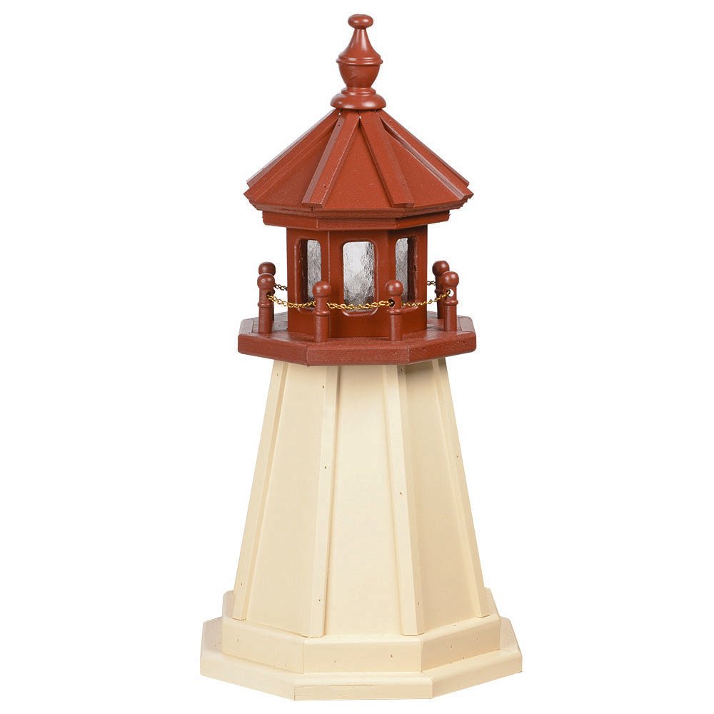 Ivory wooden lighthouse with a cherry red lantern room and finial, gold chain railing and wide ivory octagonal base
