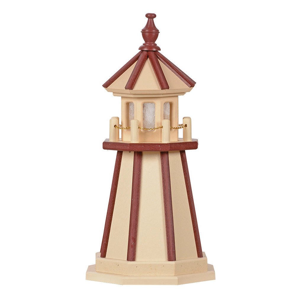 Tan wooden lighthouse with cherry red vertical corner stripes, red roof and finial, gold chain railing and tan base