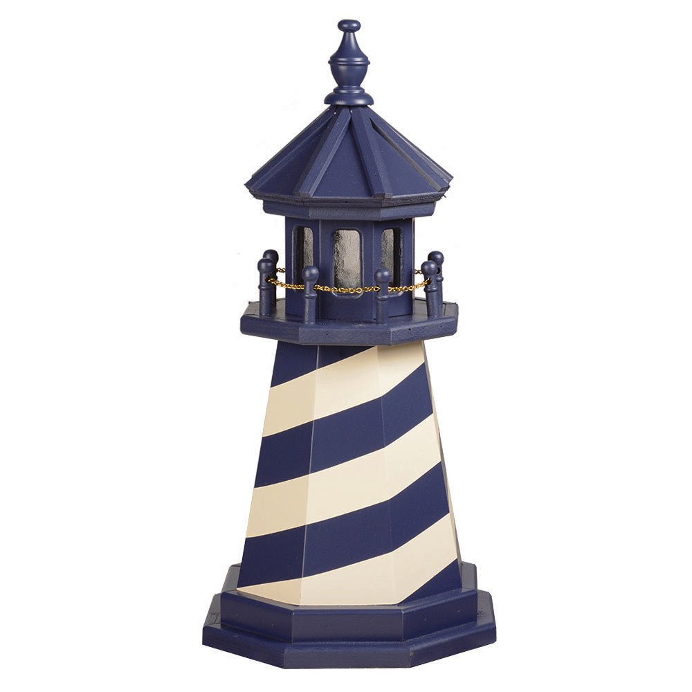 Navy and cream spiral striped wooden lighthouse with a blue lantern room, gold chain railing and hexagonal wood base