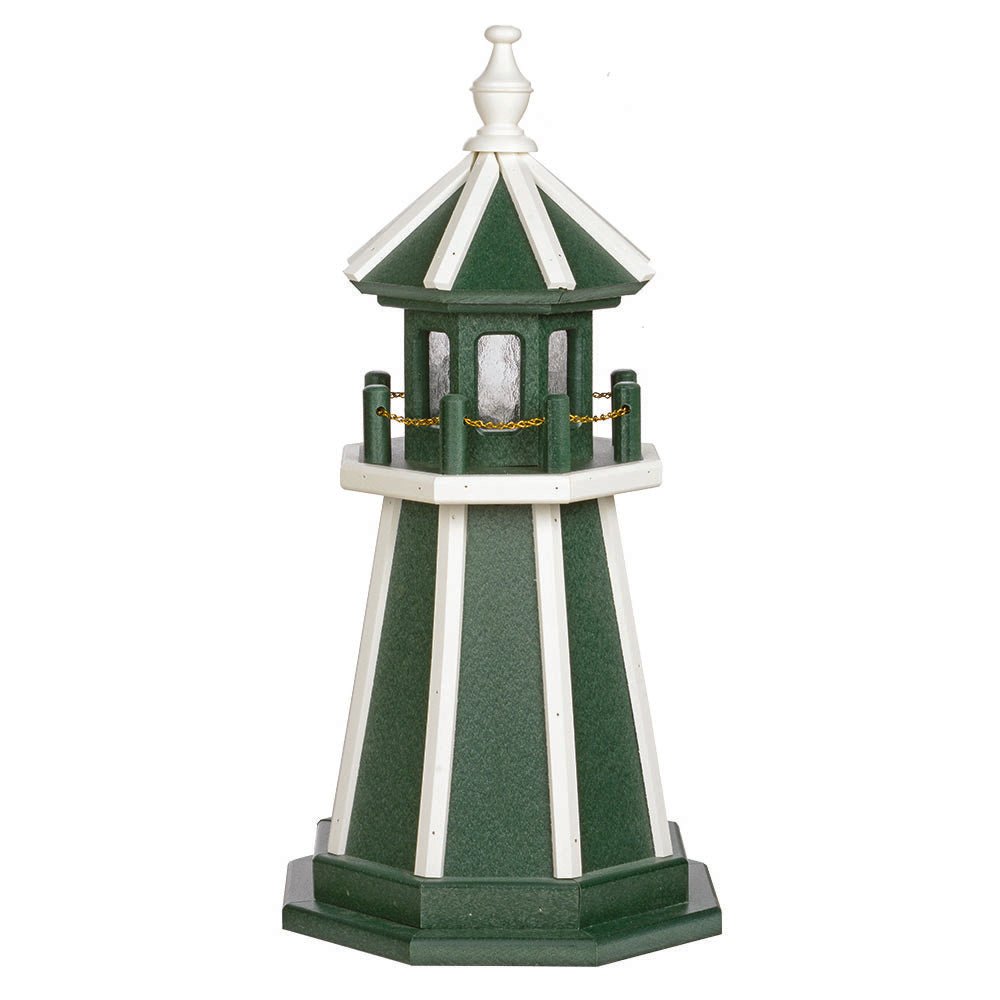 Green wooden garden lighthouse with white corner trim, white railing and finial and a green lantern room with chain
