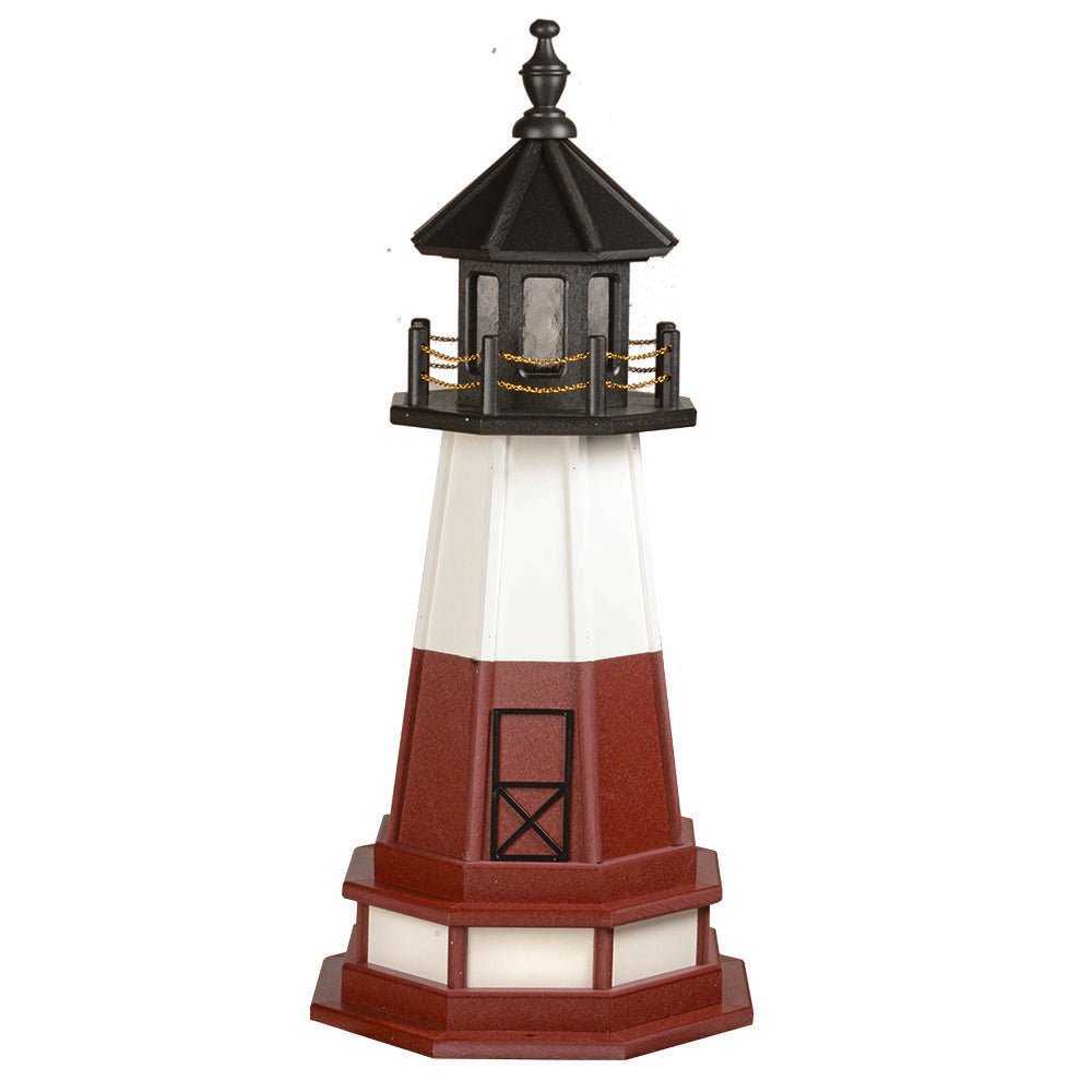 Three foot poly lighthouse with red base and lower tower, white midsection, black lantern room and gold chain railing