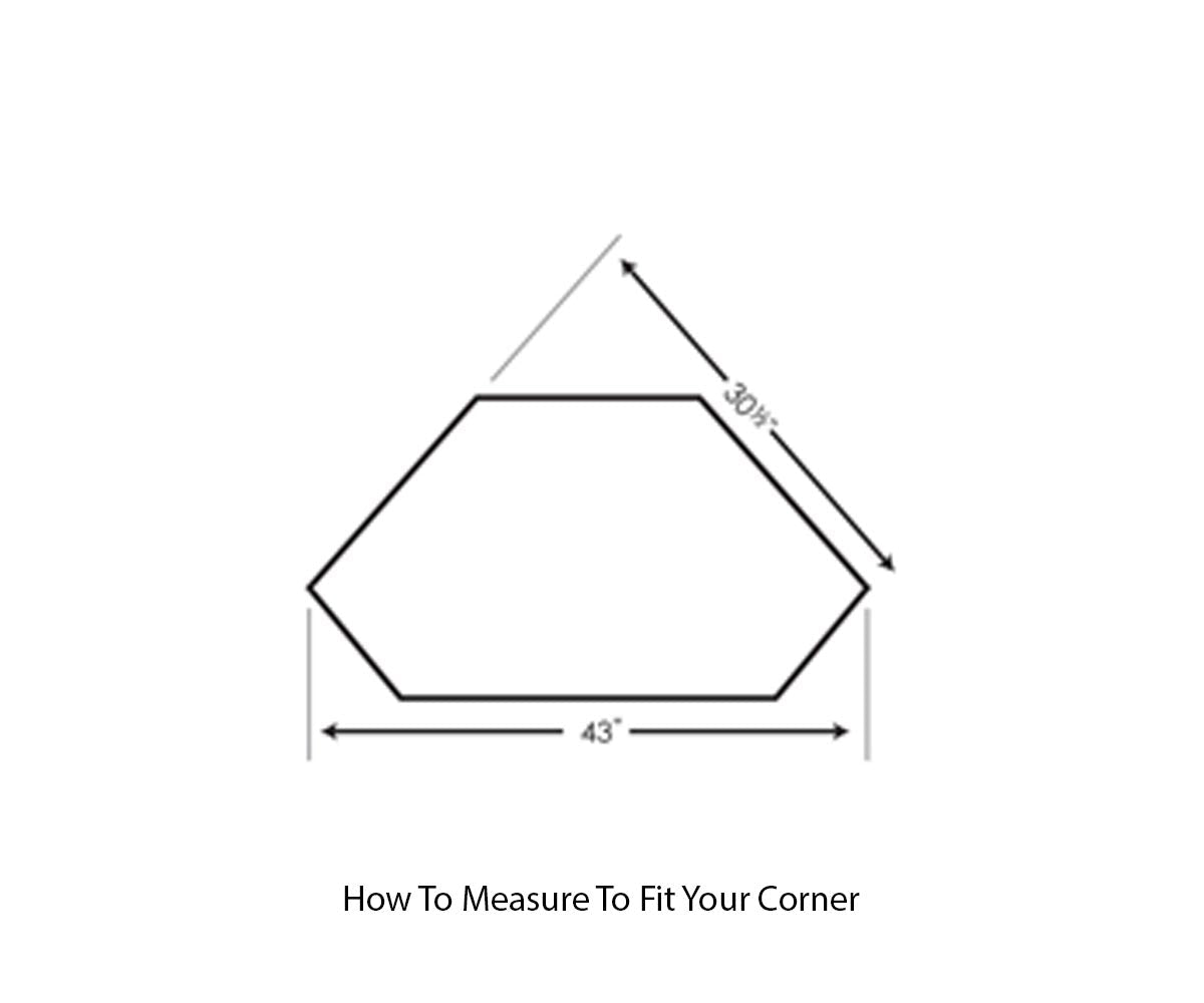 Corner TV stand fit diagram showing a 43 inch front width and 30.5 inch angled side measurement