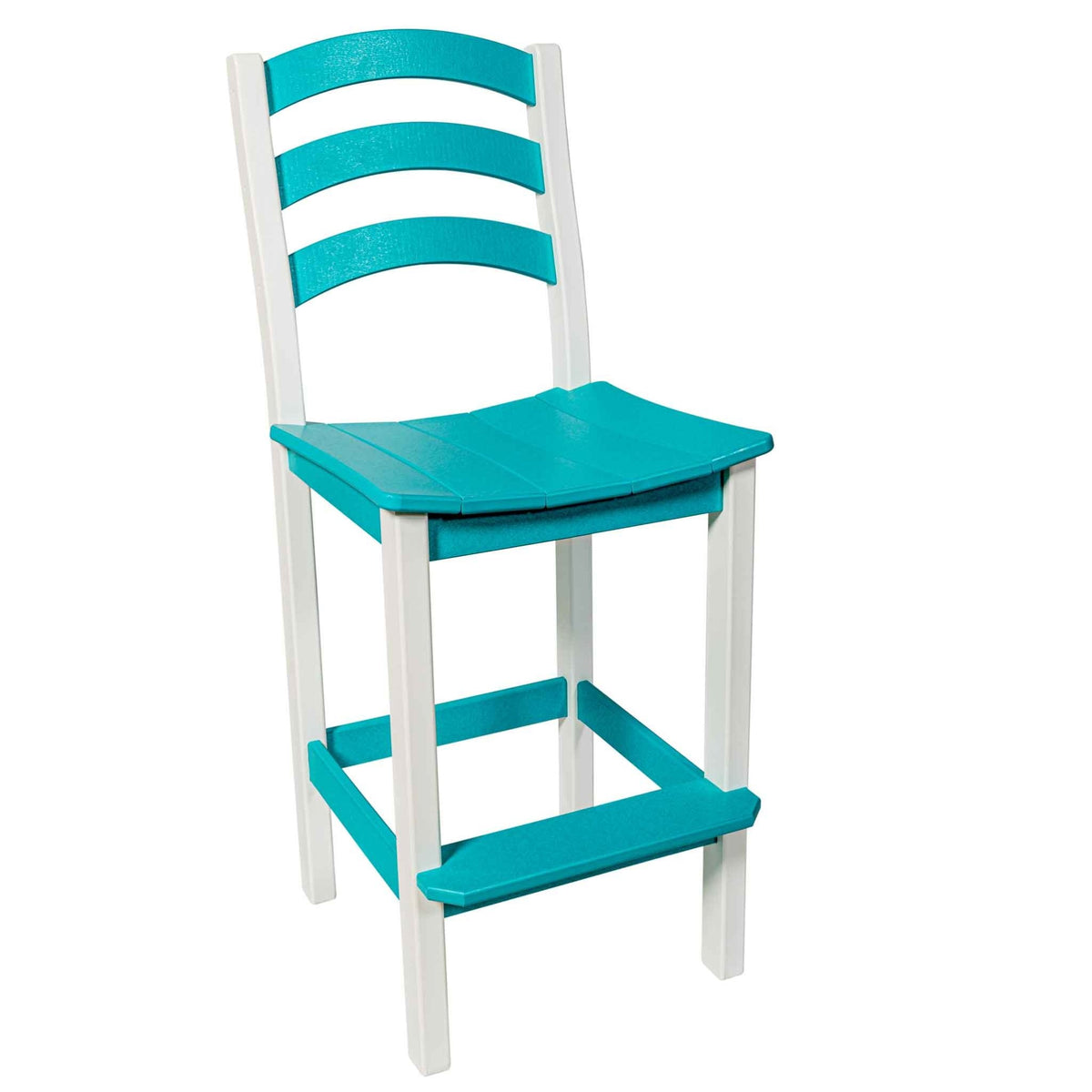 Turquoise and white poly bar stool with three curved ladder back slats, contoured seat and footrest