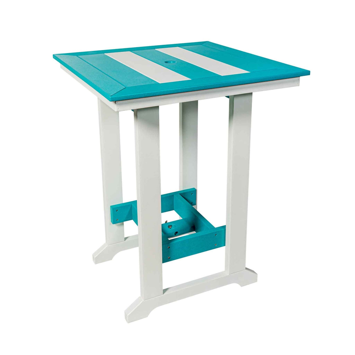 Turquoise poly bar table with white striped inlay top, umbrella hole and white trestle base on a white background